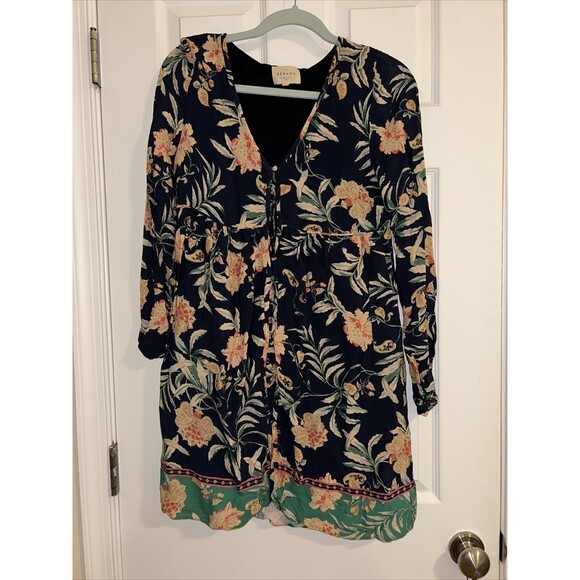 Sezane Dress Navy Blue Tropical Floral Print Long Sleeve Button Front Mini Short - Picture 1 of 10